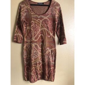 Peruvian Connection Pima Cotton Paisley Knit Dress (S) 3/4 Sleeve Brown